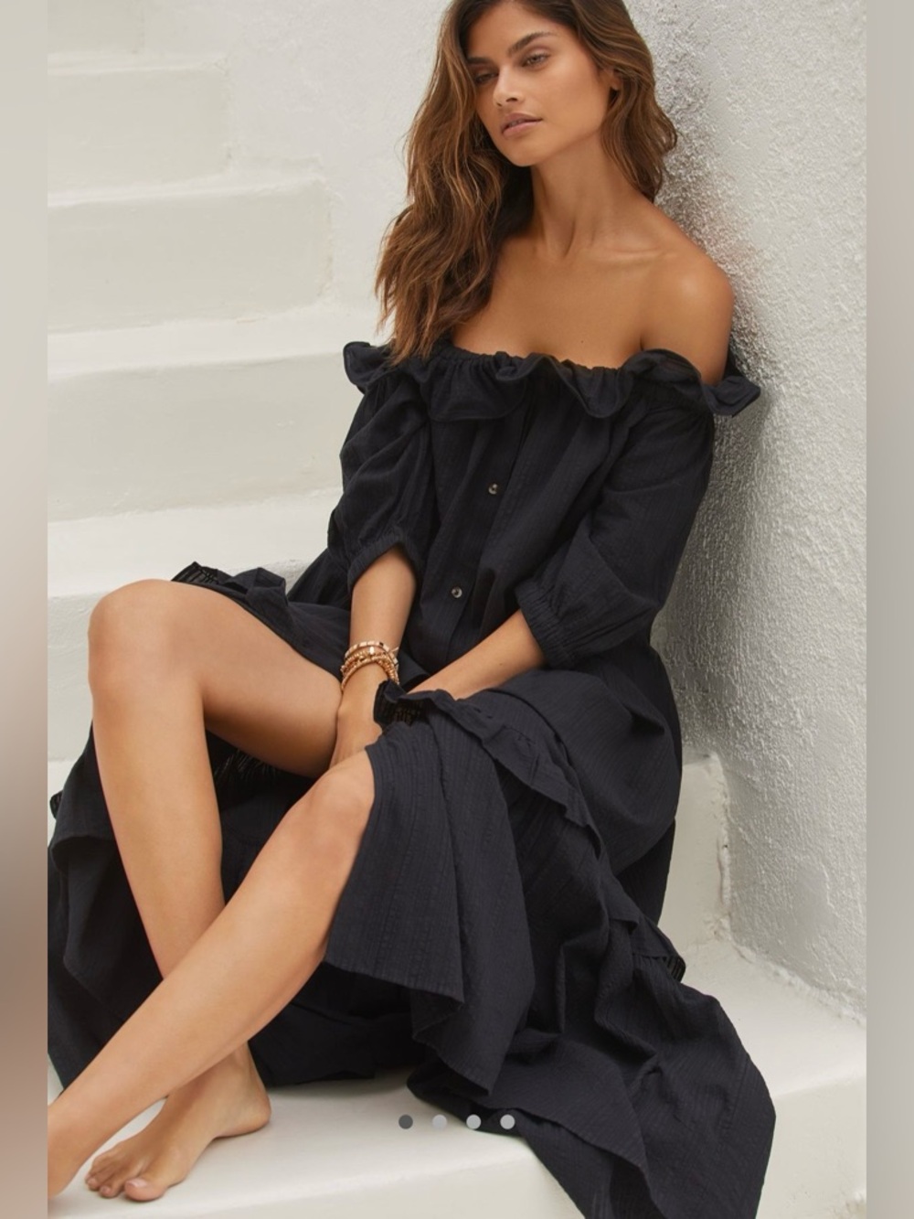 By Anthropologie Ruffle Off-The-Shoulder Gauze Dress in black. Size XS.